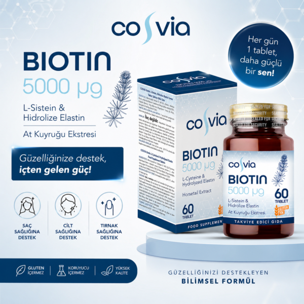 COSVIA Biotin 5000 Mcg, At Kuyruğu Ekstresi İçeren Gıda Takviyesi