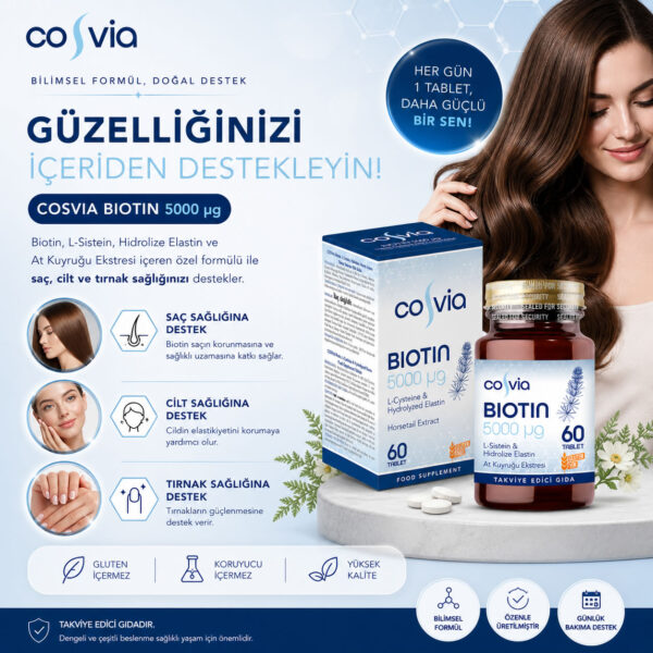 COSVIA Biotin 5000 Mcg, At Kuyruğu Ekstresi İçeren Gıda Takviyesi