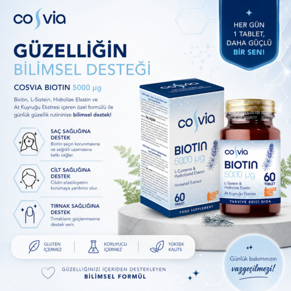 COSVIA Biotin 5000 Mcg, At Kuyruğu Ekstresi İçeren Gıda Takviyesi